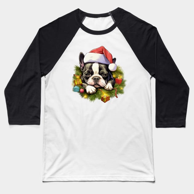 Lazy Boston Terrier Dog at Christmas Baseball T-Shirt by Chromatic Fusion Studio